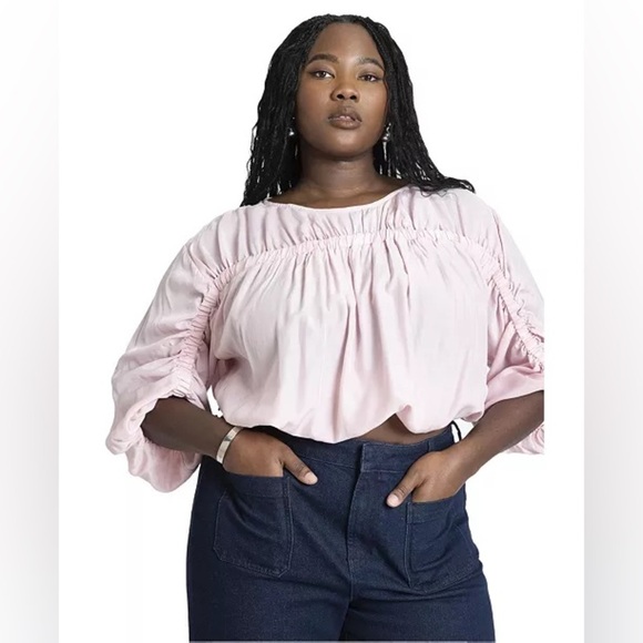 Eloquii women’s pink shirred cinched waist puff sleeve feminine blouse - Picture 1 of 7
